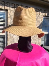Wide Brim Straw Panama Fedora Sun Hat Khaki Beige Size L/XL UPF Summer Beach