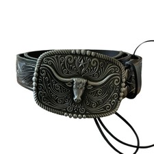 Western Styled Tooled 100 Real Leather Belt W/ Large Longhorn Buckle 44