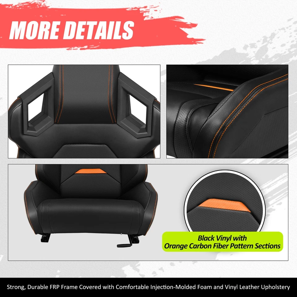 Набор из 2 универсальных черных виниловых оранжевых швов с регулируемыми гоночными сиденьями с ползунками - Изображение 4 из 4