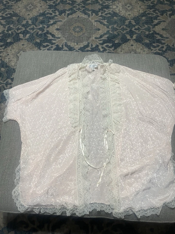 Винтажный CHRISTIAN DIOR Baby розовый кружевной отделки рукава атласный кимоно стиль халат маленький - Изображение 3 из 4