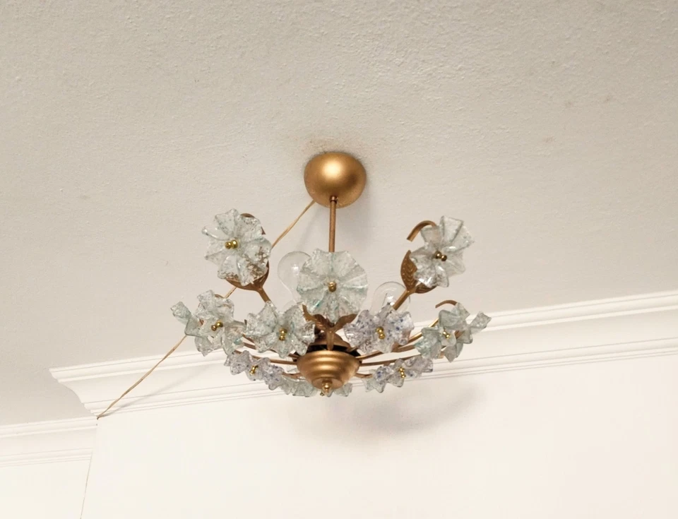 Antique Vintage Murano Milk Glass Chandelier Floral Daisy Wall art 3 Lamps - Image 4 of 4