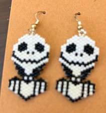 Handcrafted Beaded Skull Skeleton Hook Dangle Earrings Glass Gold Tone B/W