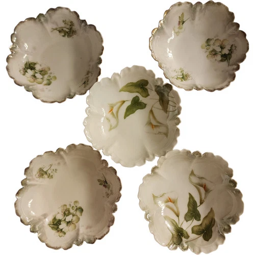 Antique German Porcelain Berry Bowls Set of 5 Hand Painted Floral with Gold T...