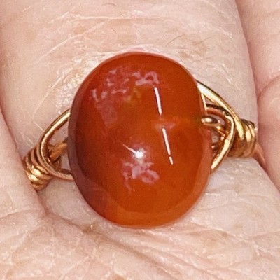 Handmade Copper Wire Wrapped Ring with Oval Amber Carnelian Stone Accent Size 9