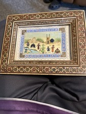 Vintage Persian Miniature Painting Marquetry Wood Frame