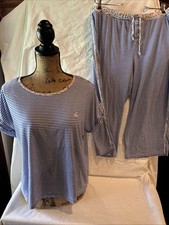 Lauren Ralph Lauren PJ Set Shirt/capri-Striped Blue White -floral Trim Sz XL