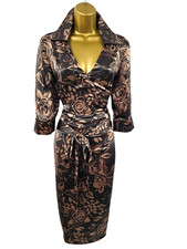 10 UK Karen Millen Vintage Brown Silk Rose Leaf Print Pencil Shirt Dress
