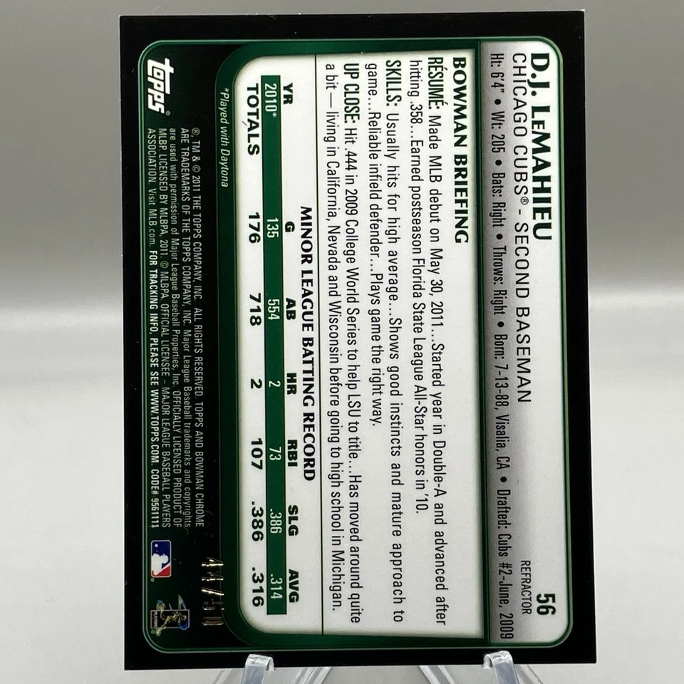2011 DJ LeMahieu Bowman Chrome #56 金色折射卡/50 新秀卡 RC — 第 2/3 张图片