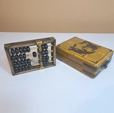 Chinese Abacus Vtg Counting Frame Dragon Phoenix Leather Box Brass Colored Lock