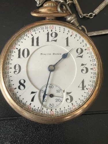 South Bend 227 Grade 21 Jewels 16s Pocket Watch On Chain Not Running