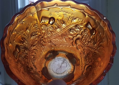 Carnival orange iridescent glass vintage Art Deco antique footed bowl dish A - Picture 5 of 6