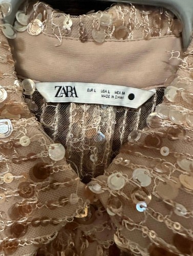 ZARA SOLD OUT Pink Midi Sheer Sequin Embellished Long Sleeve Shirt Dress LARGE L - Picture 8 of 12