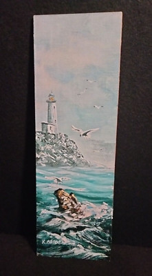 K. Beiber Original Oil Painting Signed Ocean Lighthouse Gulls 4'' X 12 Wood Panel