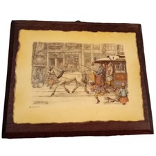 Anton Pieck Horse Drawn Street Car Carriage Print Burned On Wood Vtg 1966 10"x8"
