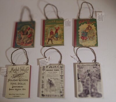 Vintage style, Victorian ''book'' ornaments set/3 Wooden 2 sides. Marshall Fields+