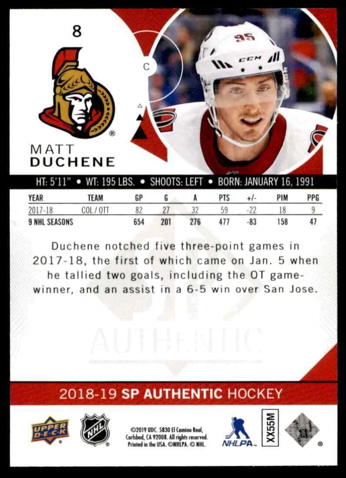 2018-19 SP Authentic Matt Duchene #8 - Image 2 of 2