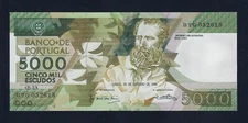 PORTUGAL 5000 Escudos 1989 P-184 AUNC RARE similar to P-183