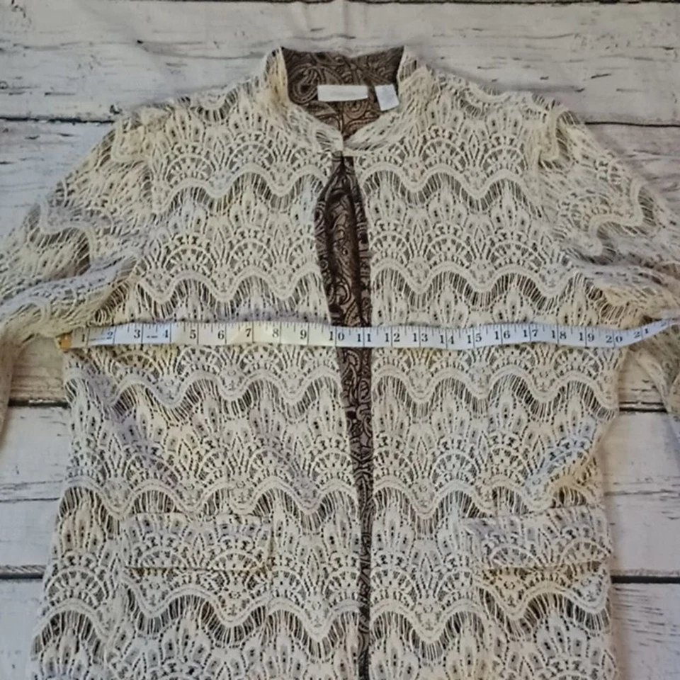 Blazer Chaqueta Abierta Chico's Marfil Negro Tostado Encaje Superpuesto 3 XL Foto 4 de 4