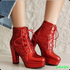Women Ankle Boot Block High Heel Sequin Leather Platform Lace Up Shoes Round Toe