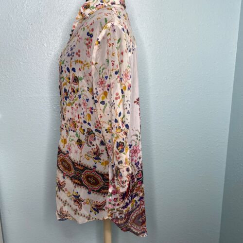 Energe Blouse Shirt Top Tunic Women Size Medium Sheer White Floral Button Down - Picture 2 of 11