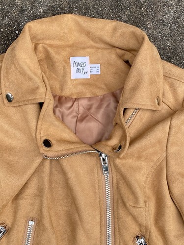 Princess Polly Faux Suede Cropped Moto Jacket Size 4 Camel Brown Zip Snap Vegan - Picture 4 of 9