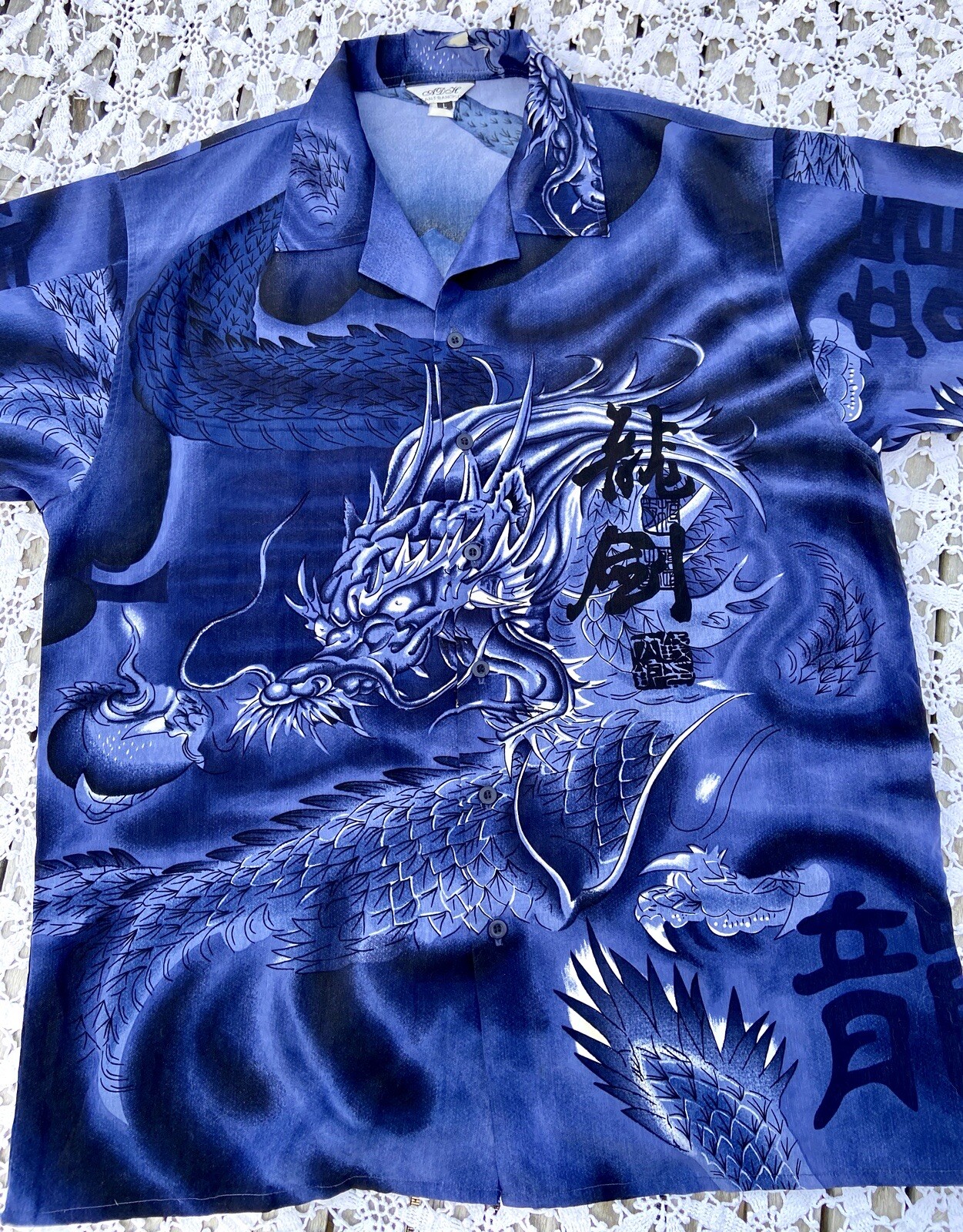 Vintage ADH San Francisco Y2K Anime Dragon Shirt Blue Button Front