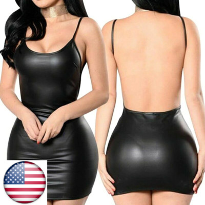 faux PU Leather Women's Sexy-Lingerie Babydoll Club Party wear  Dress Spaghetti.