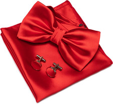 Solid Color Mens Pre-tied Bow Tie And Pocket Square Cufflinks Sets With Gift Box