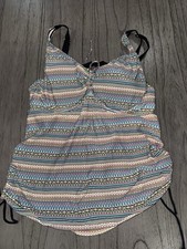 colorful geometric print tankini top featuring adjustable straps
