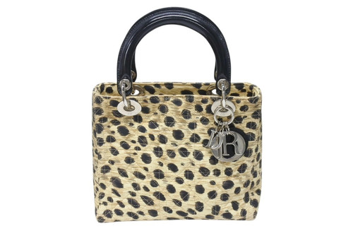 Christian Dior Lady Dior Handbag Cannage Leopard Black Beige Silver Hardware