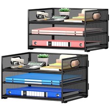 2-Pack 3-Tier Paper Letter Tray Organizer for Desk Black Metal Mesh File Sort...