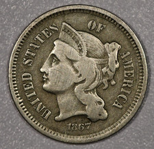 1867-P "Nickel" Three-Cent Copper Nickel Coin, Fine