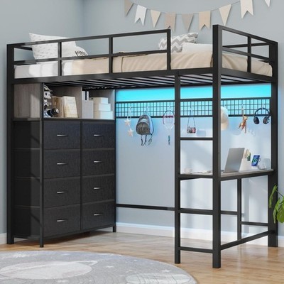 Black Metal Twin Loft Bed with Desk, 8 Drawers, Tall Dresser, LED Lights,