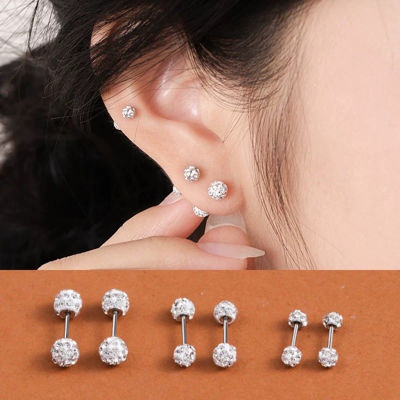 Women Hypoallergenic Double Sided Crystal Ball Stud Earrings Set (3 Pairs)