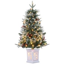 3ft Artificial Mini Christmas Tree, Pre-Lit Snow Flocked Xmas Tree, Holiday Xmas
