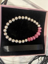 Beautiful Sterling Silver Bead And Pink Moonstone Stretch Bracelet 7.5 In