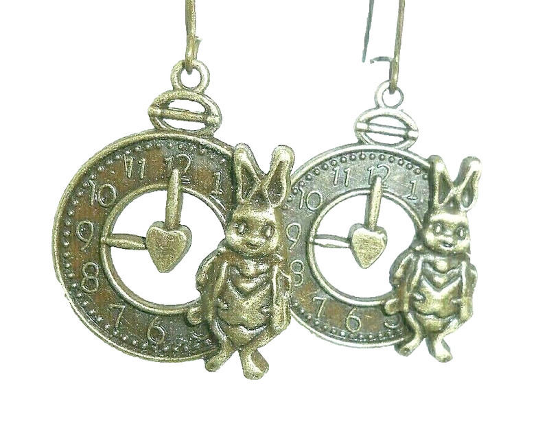New Alice in Wonderland White Rabbit w/ Clock Bronze-tone Dangle Earrings  2.25"