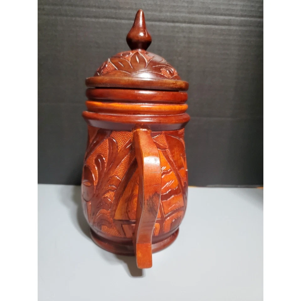 Резной деревянный чайник ручной работы с крышкой деревенский цветочный дизайн декоративный акцент - Изображение 2 из 4