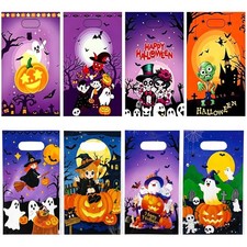CHNBCG 100 Pcs Halloween Treat Bags with Handles   8 Assorted Designs Plastic Go