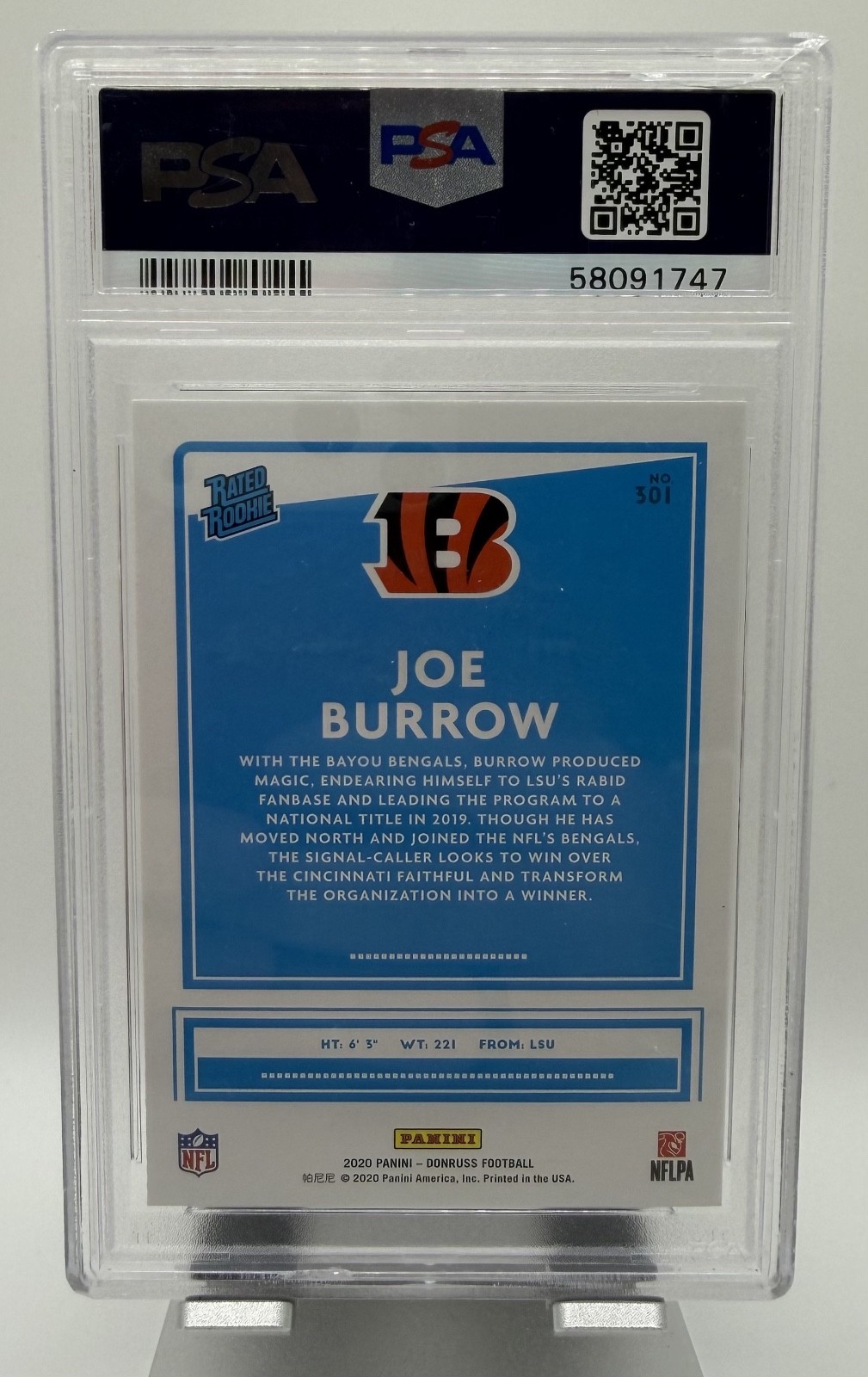 2020 Panini Donruss #301 JOE BURROW PSA 9 Mint Rated Rookie view 2