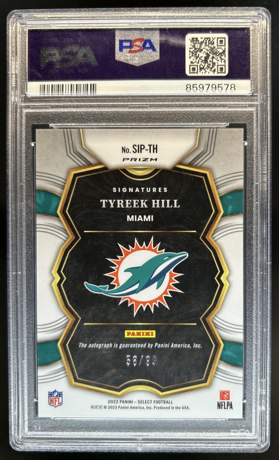 2022 Panini Select Tyreek Hill Signatures Prizm Auto #/99 Dolphins PSA 10 view 2