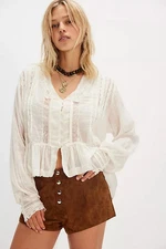 Free People Elodie Blouse Ivory V Neck Balloon Sleeve Buttondown Pintuck Top L
