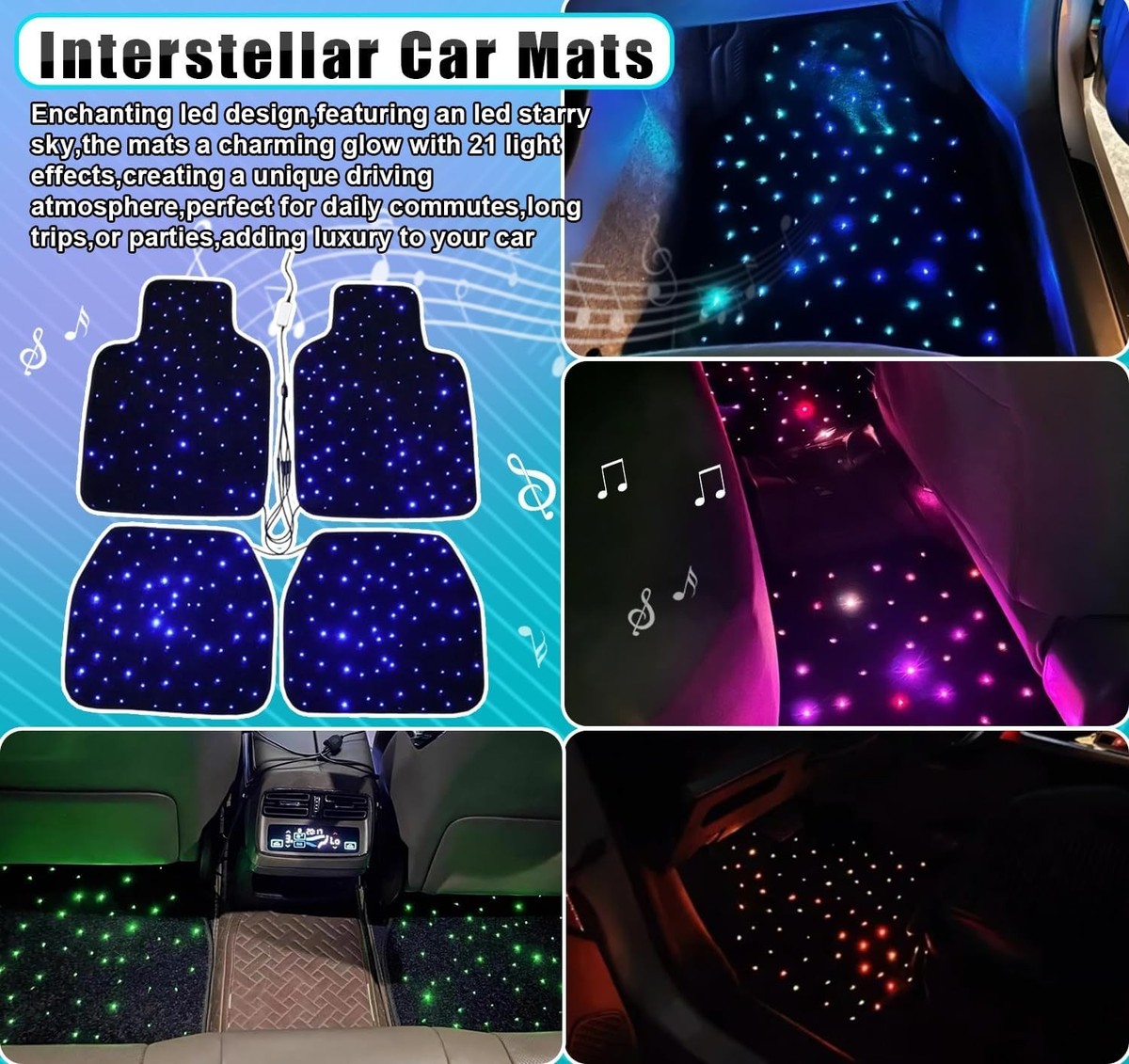 GAOCUNBING Starlight Car Mats, LED Fiber Optic Mats, 7 Colors
