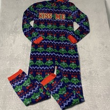 Holiday One Piece Soft Fleece Pajamas Men M Blue Red Christmas Kiss Me Mistletoe