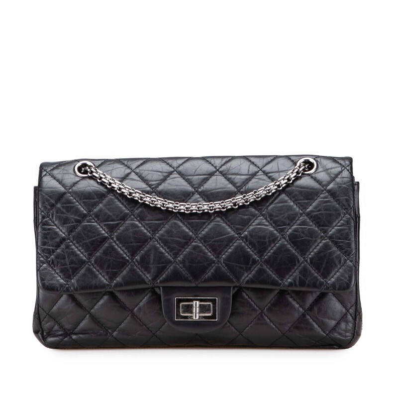 CHANEL 2.55 Double Flap Black Lambskin Chain Shoulder Bag for Women