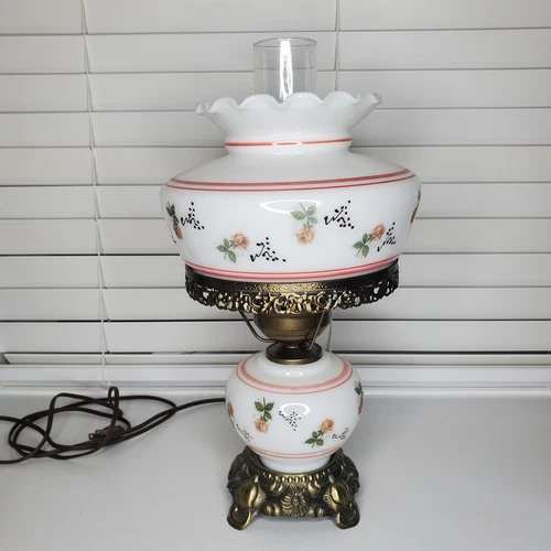 GWTW Style Milk Glass Painted Flowers Hurricane Parlor Brass Table Lamp Vintage