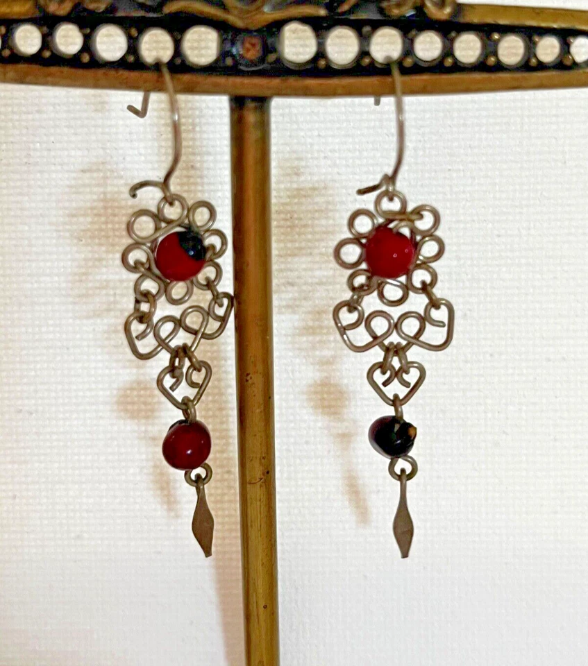 Estilo gótico plata coral rojo? Pendientes colgantes filigrana vintage... Foto 2 de 4
