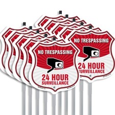 No Trespassing Shield Sign 24 Hour Surveillance Shield Shaped Sign With Stake