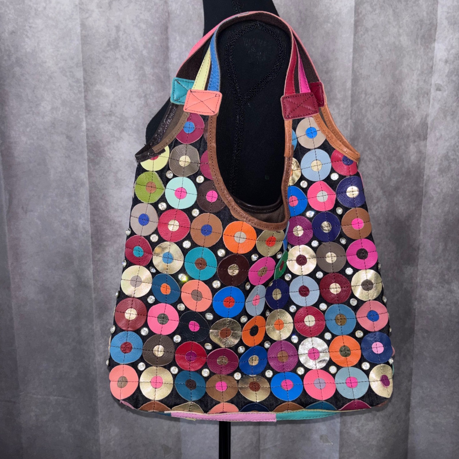 Shoulder Bag  Large Multicolor Boho Eclectic Rhinestone Circle Patchwork-image