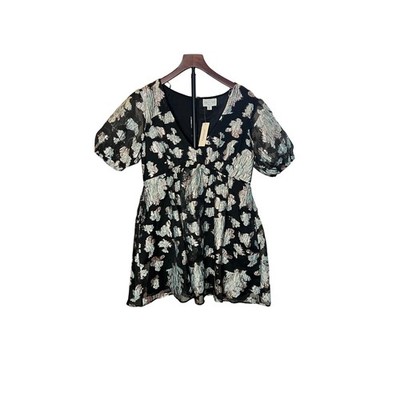 Jun & Ivy Francesca's Black Metallic Floral Jacquard Puff Sleeve Mini Dress XL